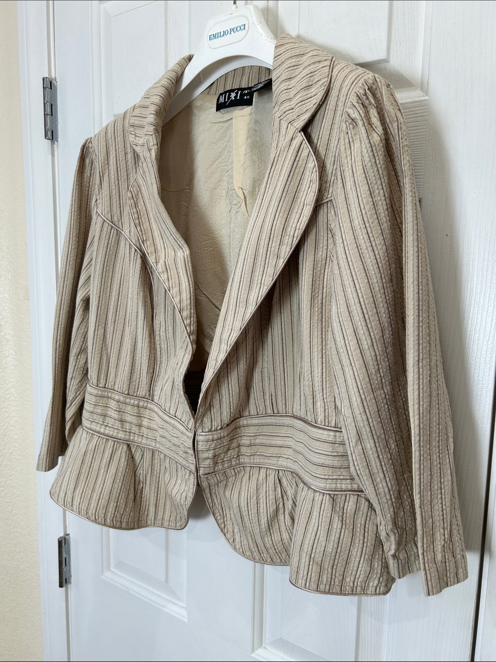 MIXIT Tan Neutral Pinstripe Cropped Peplum Blazer Jacket Cotton Plus Size 1X - Picture 6 of 11